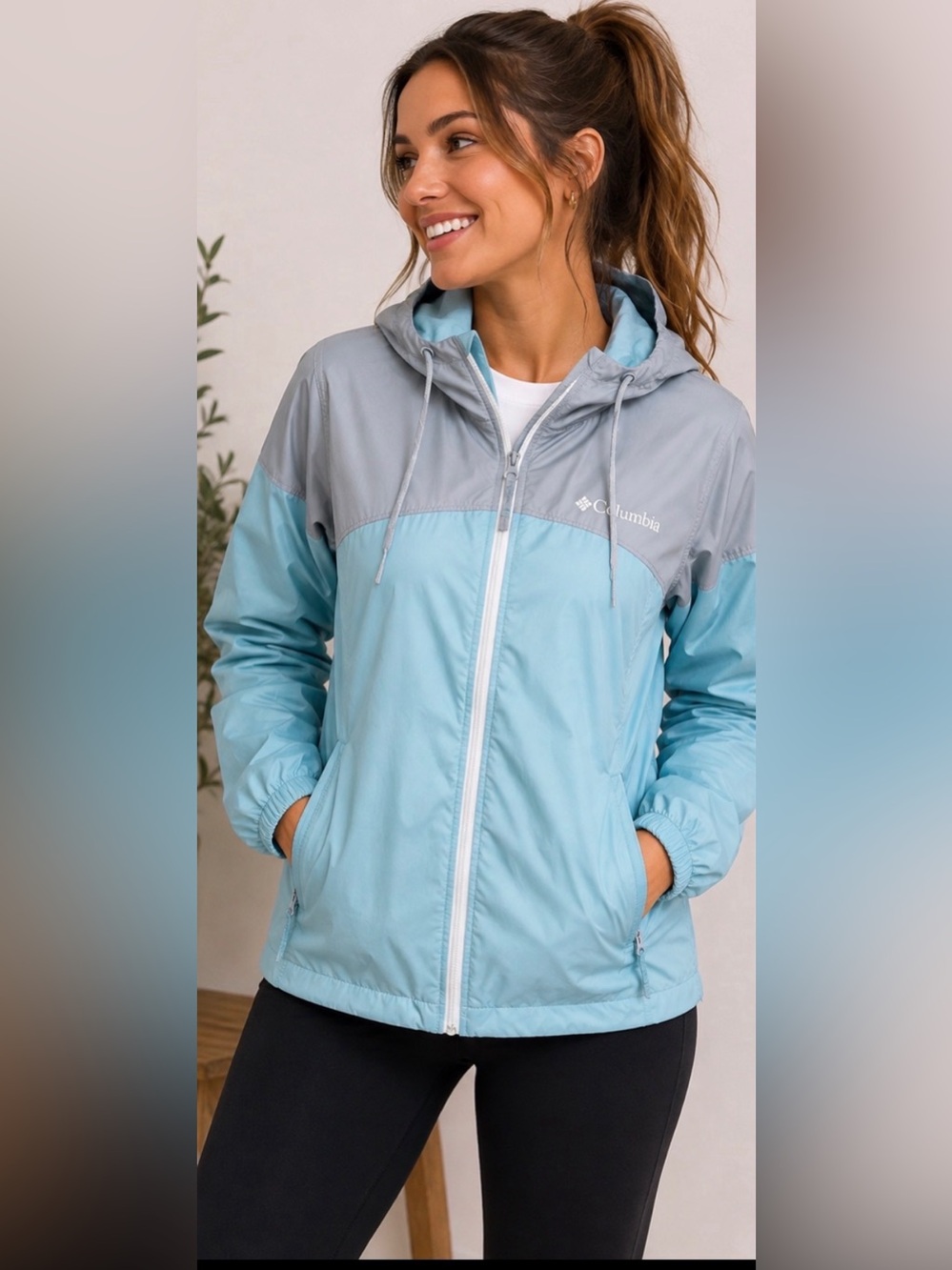 Columbia Hooded Lightweight Zip Front Windbreaker Jacket Blue Gray Women’s Small